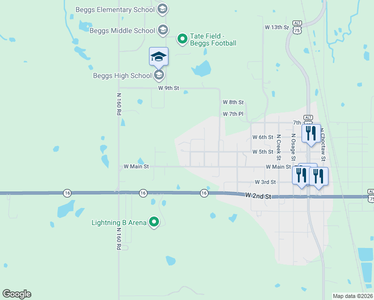 map of restaurants, bars, coffee shops, grocery stores, and more near 907 Main Street in Beggs