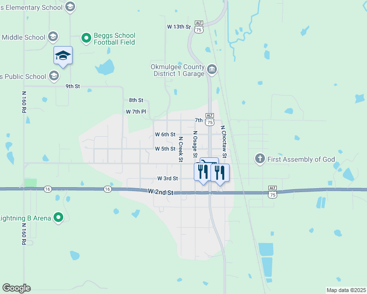 map of restaurants, bars, coffee shops, grocery stores, and more near 210 West 5th Street in Beggs