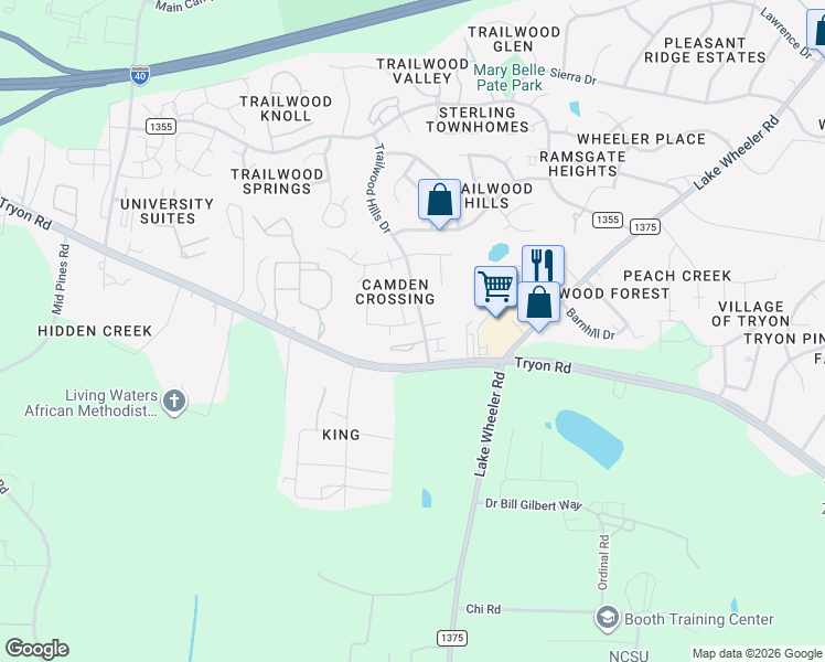 map of restaurants, bars, coffee shops, grocery stores, and more near 3040 Barrymore Street in Raleigh