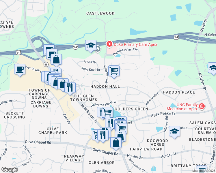 map of restaurants, bars, coffee shops, grocery stores, and more near 913 Haddon Hall Drive in Apex