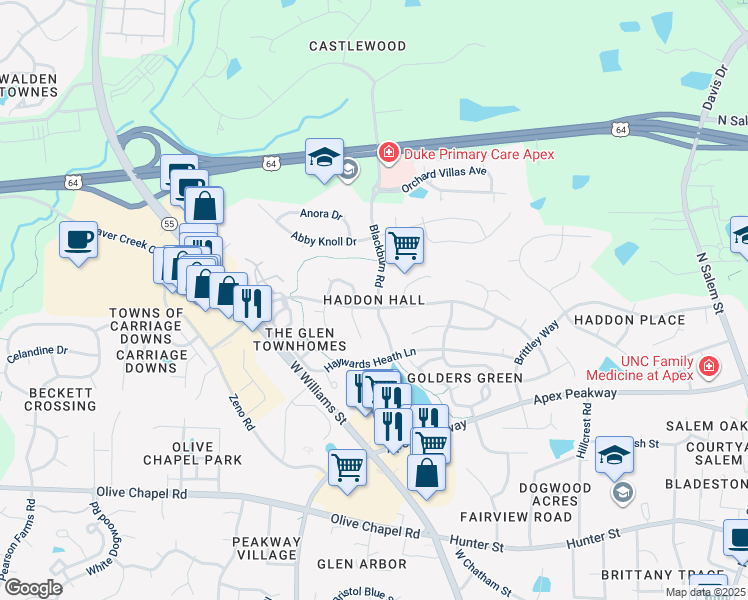 map of restaurants, bars, coffee shops, grocery stores, and more near in Apex