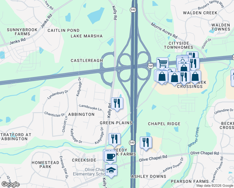 map of restaurants, bars, coffee shops, grocery stores, and more near 1035 Diamond Dove Lane in Apex