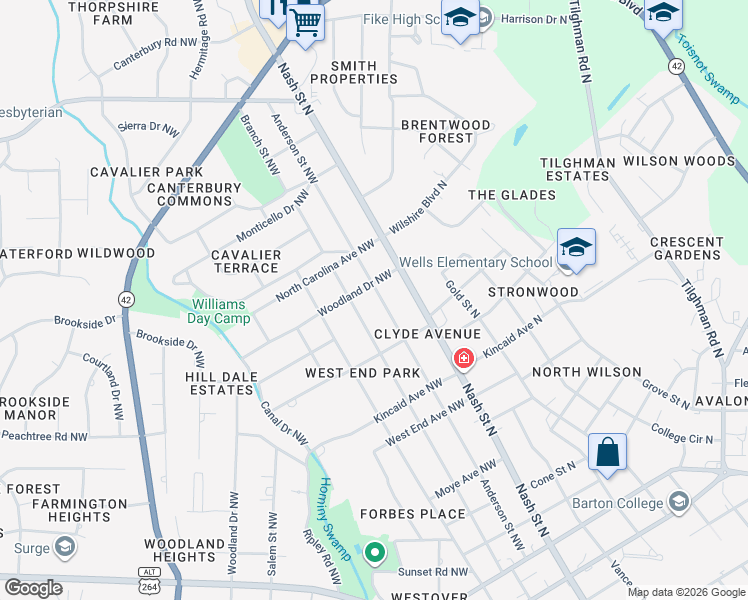 map of restaurants, bars, coffee shops, grocery stores, and more near 1518 Branch Street Northwest in Wilson