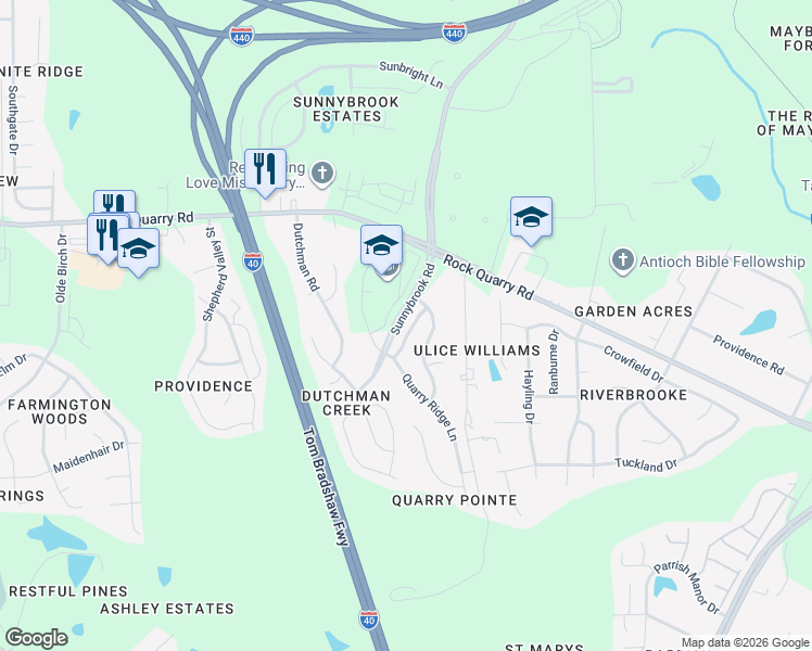 map of restaurants, bars, coffee shops, grocery stores, and more near 3744 Tryon Ridge Drive in Raleigh