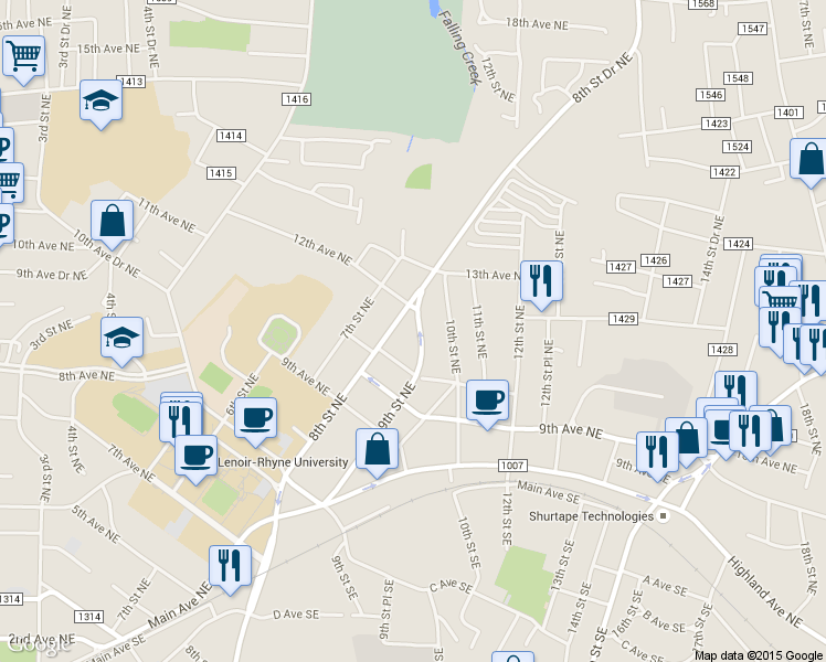 map of restaurants, bars, coffee shops, grocery stores, and more near 1126 8th St NE in Hickory