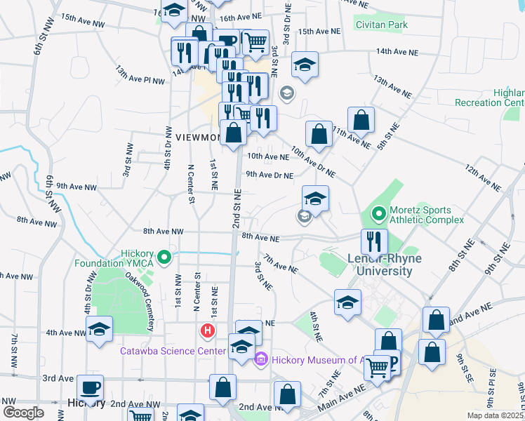 map of restaurants, bars, coffee shops, grocery stores, and more near 818 2nd Street Place Northeast in Hickory