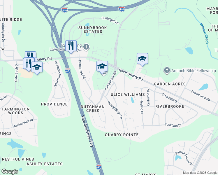 map of restaurants, bars, coffee shops, grocery stores, and more near 3744 Tryon Ridge Drive in Raleigh