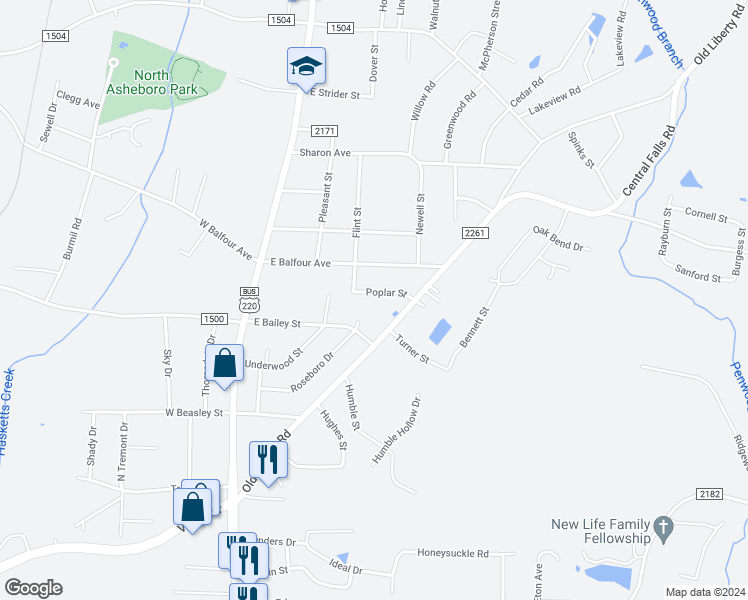 map of restaurants, bars, coffee shops, grocery stores, and more near 313 East Bailey Street in Asheboro