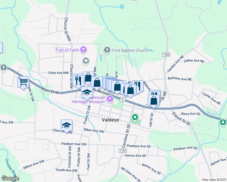 map of restaurants, bars, coffee shops, grocery stores, and more near 100 Main Street East in Valdese