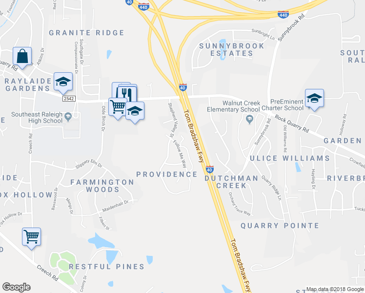 map of restaurants, bars, coffee shops, grocery stores, and more near 67 Benevolence Drive in Raleigh