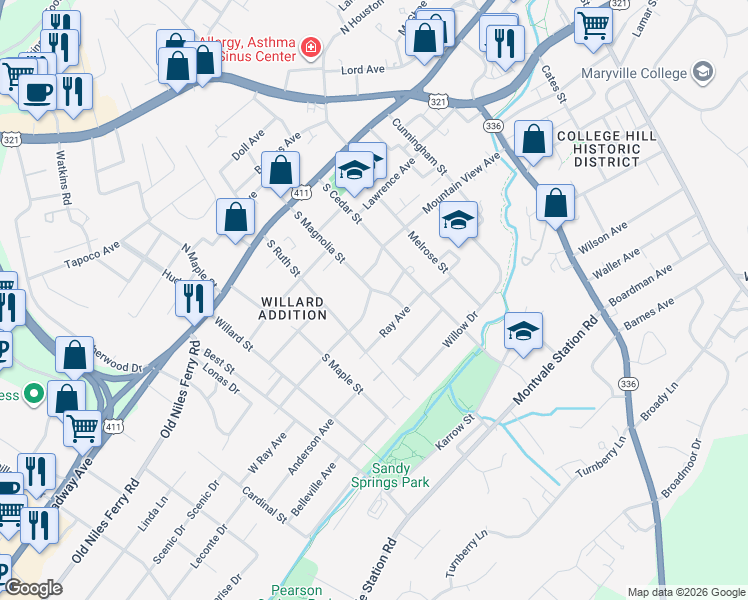 map of restaurants, bars, coffee shops, grocery stores, and more near 1018 Sterling Avenue in Maryville