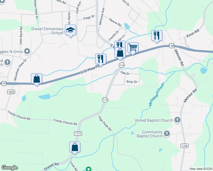 map of restaurants, bars, coffee shops, grocery stores, and more near 1795 Drexel Road in Valdese