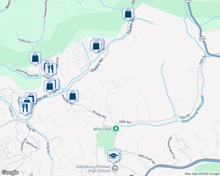 map of restaurants, bars, coffee shops, grocery stores, and more near 414 PA Proffitt Road in Gatlinburg