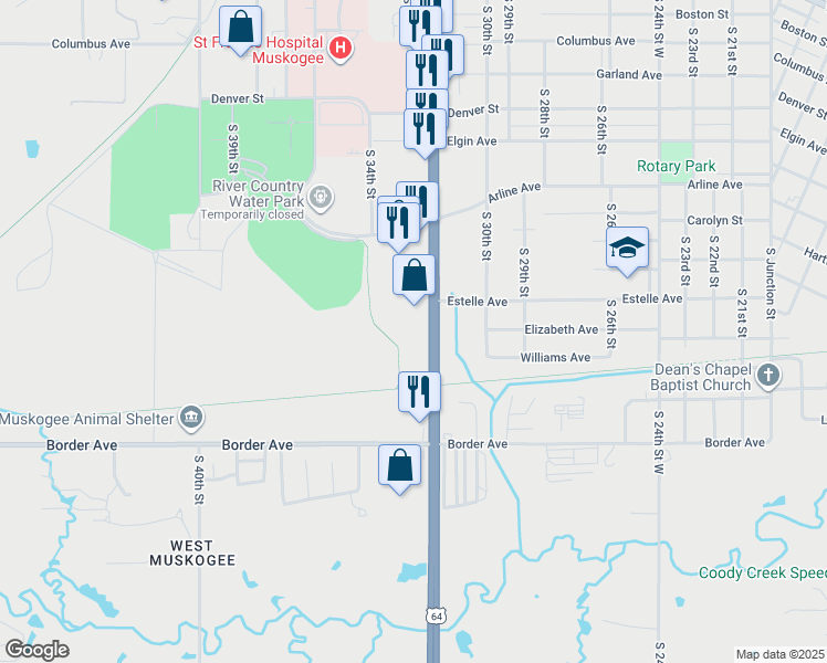 map of restaurants, bars, coffee shops, grocery stores, and more near 903 South 32nd Street in Muskogee
