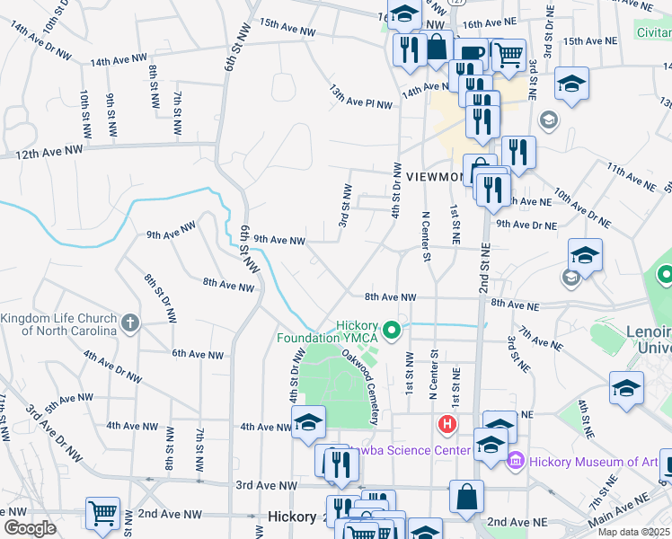 map of restaurants, bars, coffee shops, grocery stores, and more near 330 8th Avenue Drive Northwest in Hickory