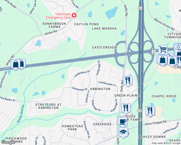 map of restaurants, bars, coffee shops, grocery stores, and more near 112 Lyndenbury Drive in Apex