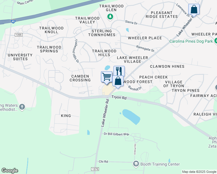 map of restaurants, bars, coffee shops, grocery stores, and more near 2720 Lake Wheeler Road in Raleigh