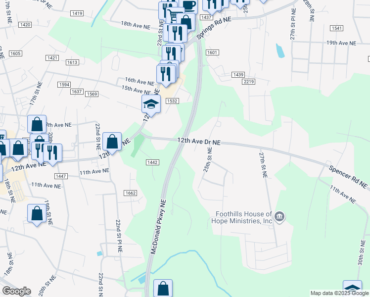 map of restaurants, bars, coffee shops, grocery stores, and more near 1178 24th Street Northeast in Hickory