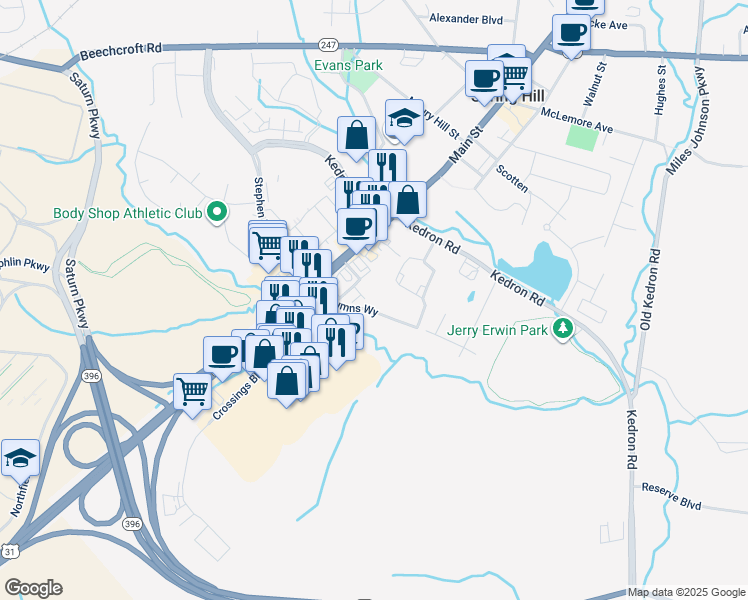 map of restaurants, bars, coffee shops, grocery stores, and more near 5426 Main Street in Spring Hill