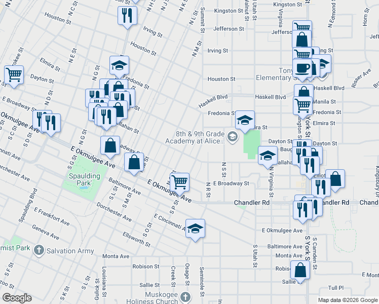 map of restaurants, bars, coffee shops, grocery stores, and more near 1507 Callahan Street in Muskogee