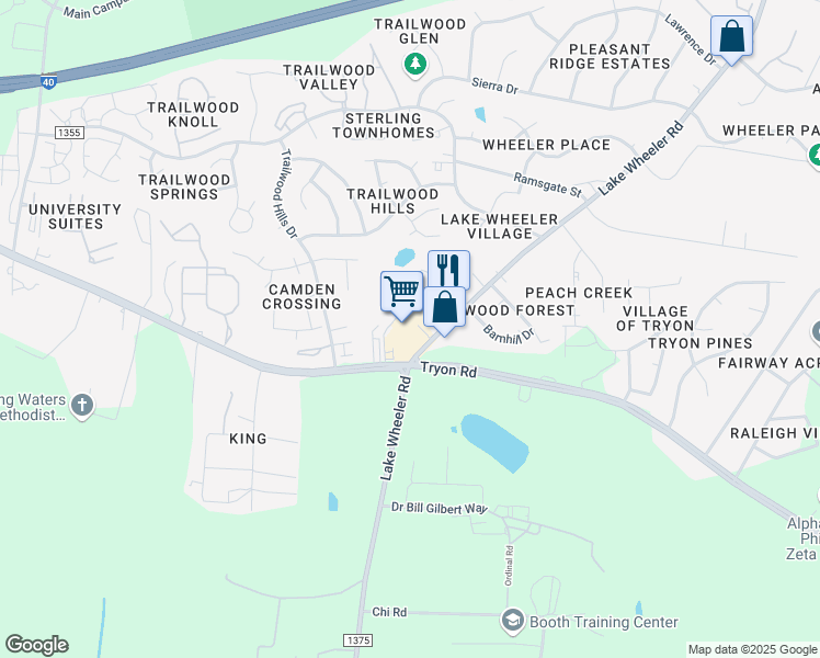 map of restaurants, bars, coffee shops, grocery stores, and more near 2800 Трион-роуд in Raleigh
