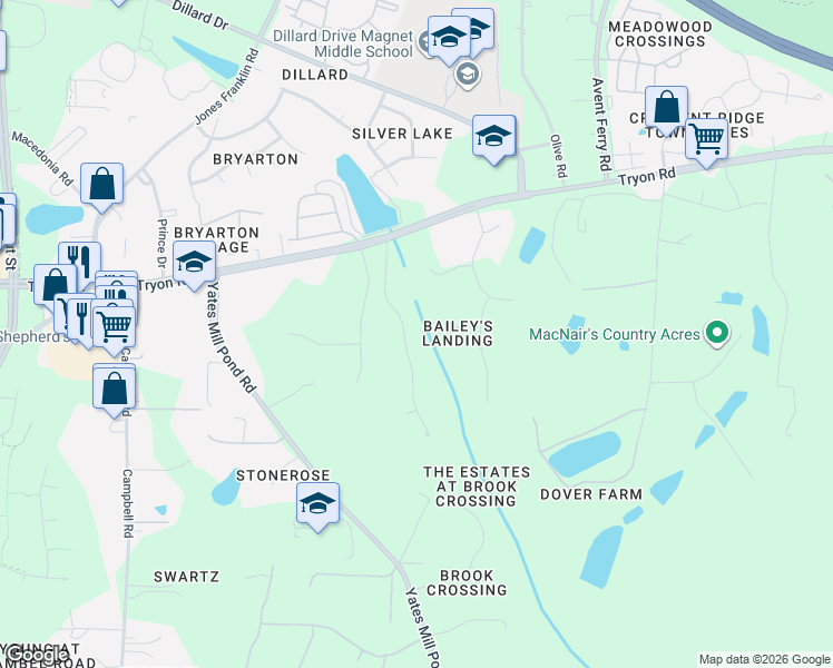 map of restaurants, bars, coffee shops, grocery stores, and more near 5028 Dillswood Lane in Raleigh