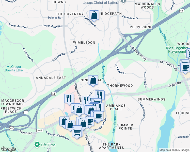 map of restaurants, bars, coffee shops, grocery stores, and more near 108 Guernsey Trail in Cary