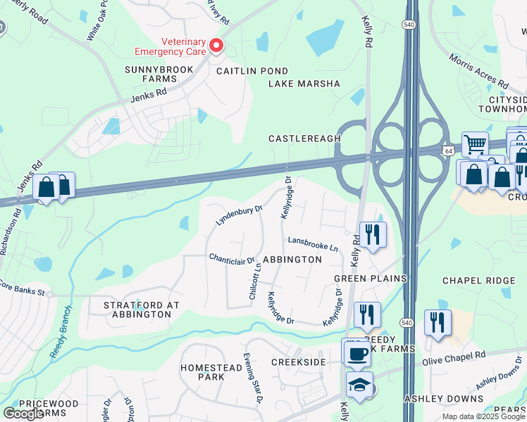 map of restaurants, bars, coffee shops, grocery stores, and more near 112 Lyndenbury Drive in Apex
