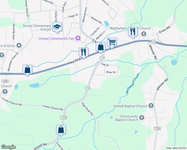 map of restaurants, bars, coffee shops, grocery stores, and more near 1795 Drexel Road in Valdese