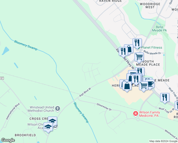 map of restaurants, bars, coffee shops, grocery stores, and more near Cessna Way in Wilson