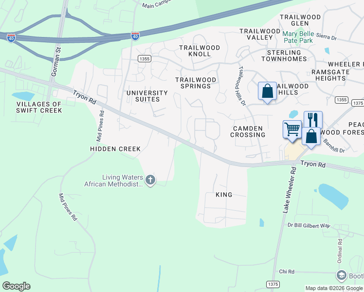map of restaurants, bars, coffee shops, grocery stores, and more near 3223 Трион-роуд in Raleigh