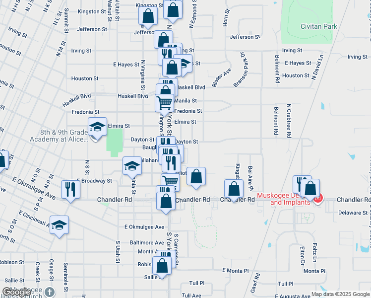 map of restaurants, bars, coffee shops, grocery stores, and more near 110 York Village Drive in Muskogee
