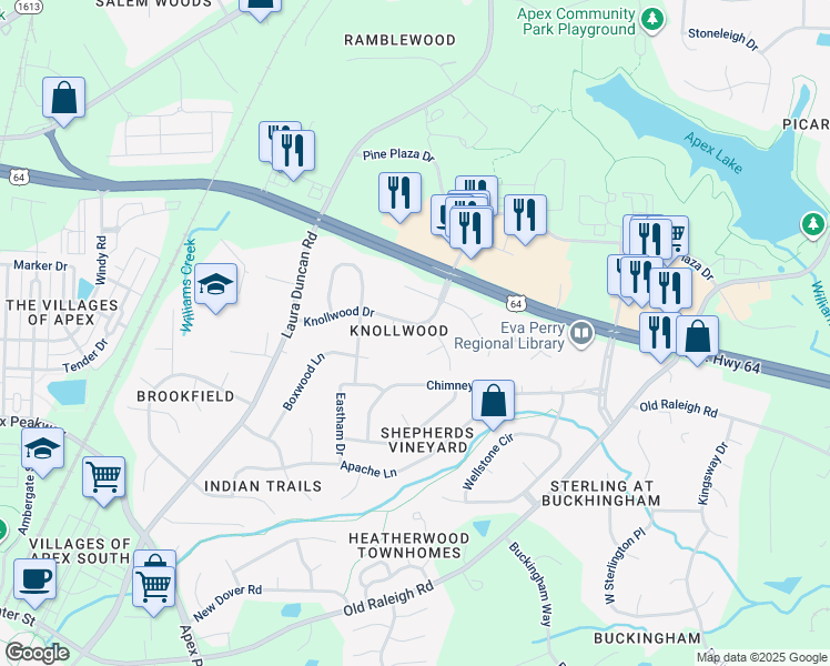 map of restaurants, bars, coffee shops, grocery stores, and more near 1106 Knollwood Drive in Apex