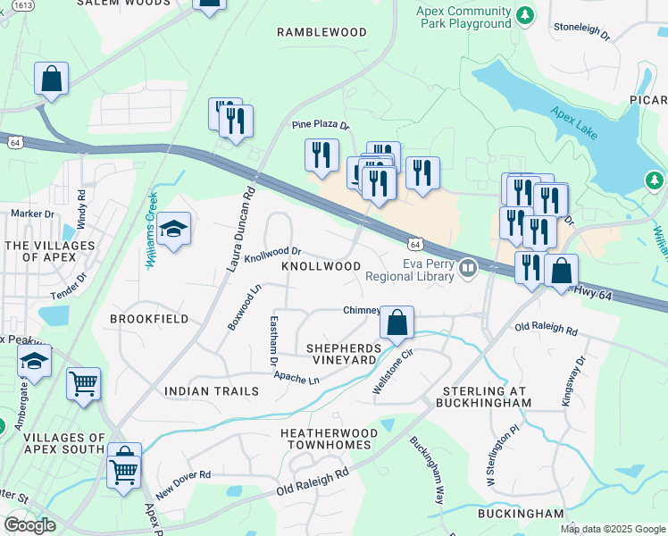map of restaurants, bars, coffee shops, grocery stores, and more near 1106 Knollwood Drive in Apex