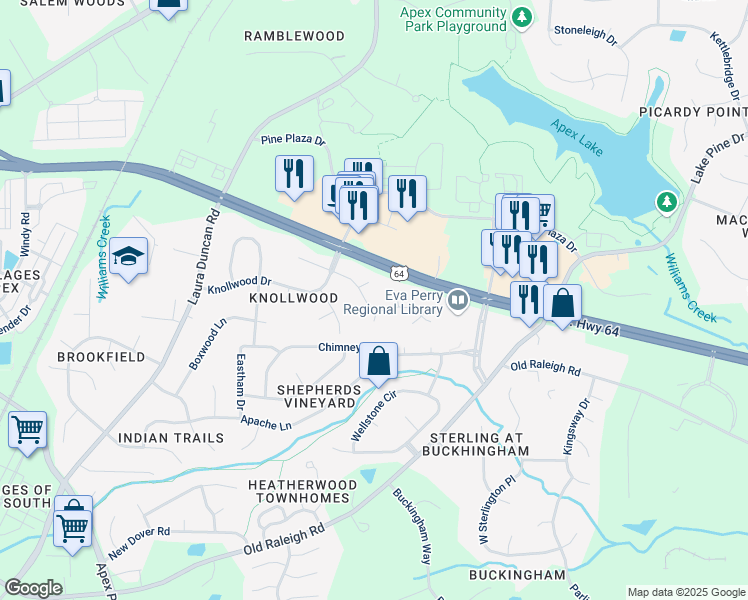map of restaurants, bars, coffee shops, grocery stores, and more near 1705 Chestnut Street in Apex