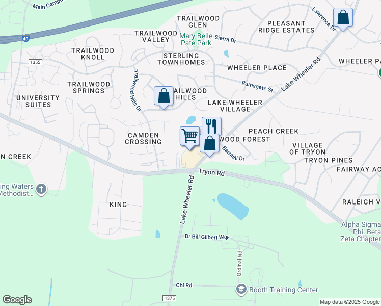 map of restaurants, bars, coffee shops, grocery stores, and more near 2720 Lake Wheeler Road in Raleigh