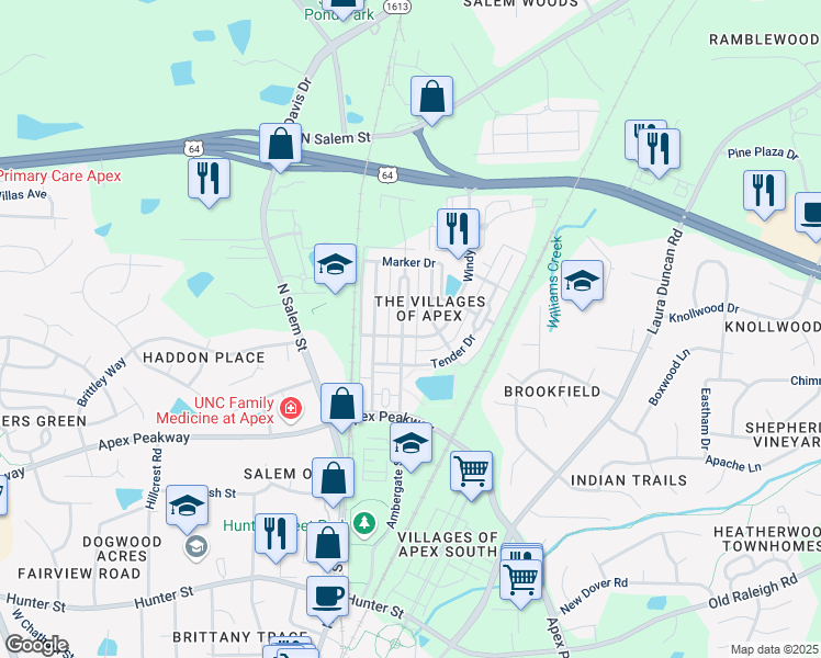 map of restaurants, bars, coffee shops, grocery stores, and more near 989 Ambergate Station in Apex