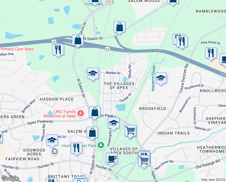 map of restaurants, bars, coffee shops, grocery stores, and more near 989 Ambergate Station in Apex
