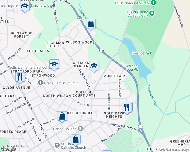 map of restaurants, bars, coffee shops, grocery stores, and more near 1301 Corbett Avenue North in Wilson