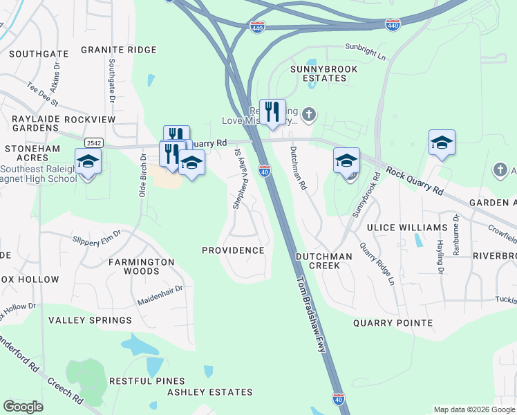 map of restaurants, bars, coffee shops, grocery stores, and more near 2528 Follow Me Way in Raleigh