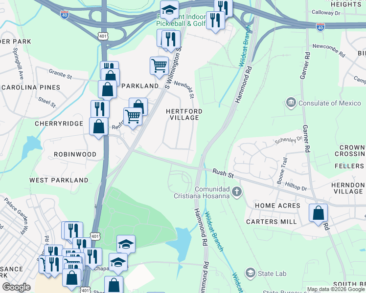 map of restaurants, bars, coffee shops, grocery stores, and more near 2810 Newbold Street in Raleigh