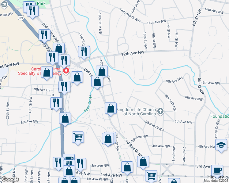 map of restaurants, bars, coffee shops, grocery stores, and more near 722 10th St Blvd NW in Hickory