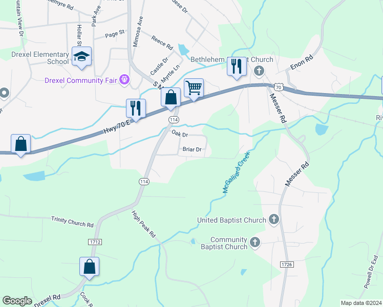 map of restaurants, bars, coffee shops, grocery stores, and more near 3864B1 Briar Drive in Valdese