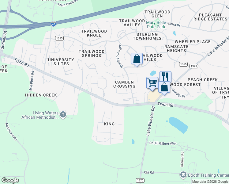 map of restaurants, bars, coffee shops, grocery stores, and more near 3016 Трион-роуд in Raleigh