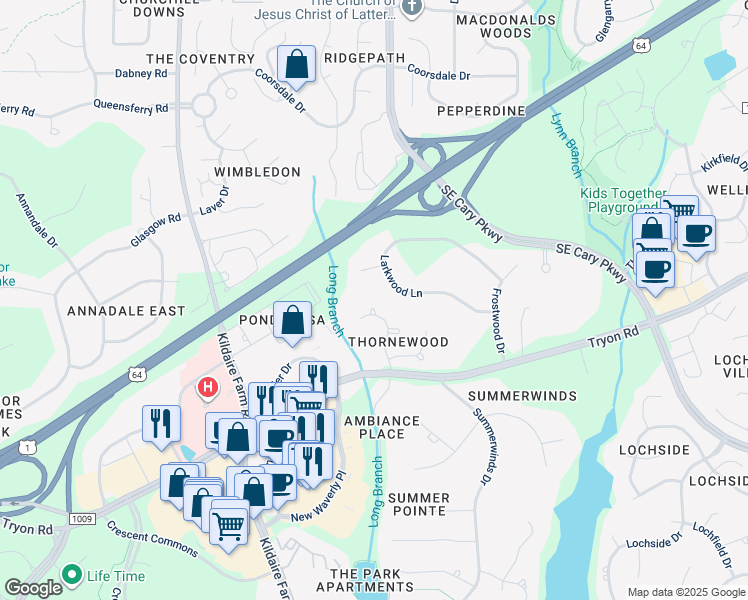 map of restaurants, bars, coffee shops, grocery stores, and more near 116 Thornewood Drive in Cary
