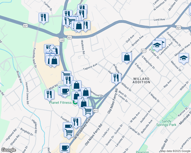 map of restaurants, bars, coffee shops, grocery stores, and more near 1331 Calderwood Avenue in Maryville