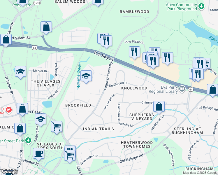 map of restaurants, bars, coffee shops, grocery stores, and more near 800 Knollwood Dr in Apex