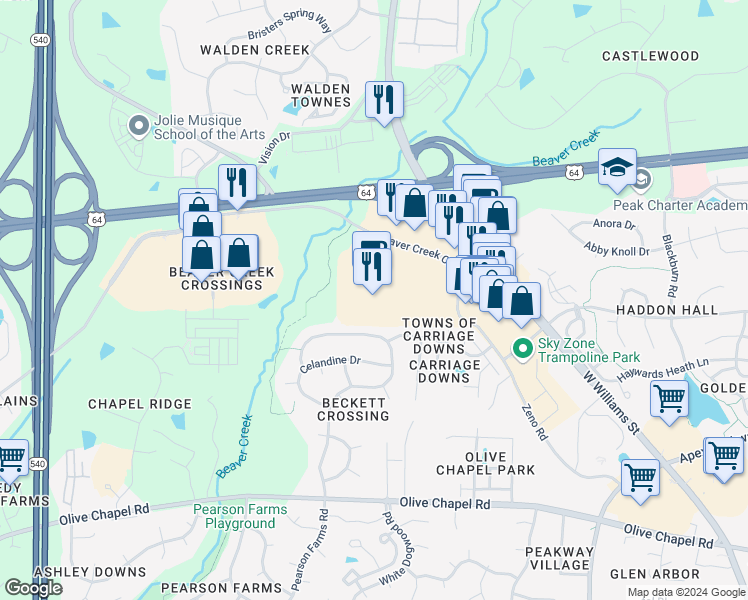 map of restaurants, bars, coffee shops, grocery stores, and more near 1201 Beaver Creek Commons Drive in Apex