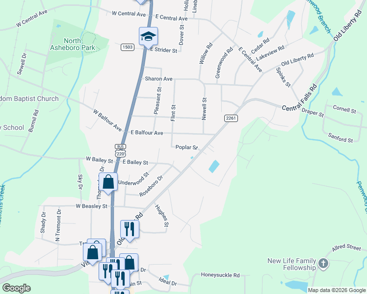 map of restaurants, bars, coffee shops, grocery stores, and more near 400 East Balfour Avenue in Asheboro