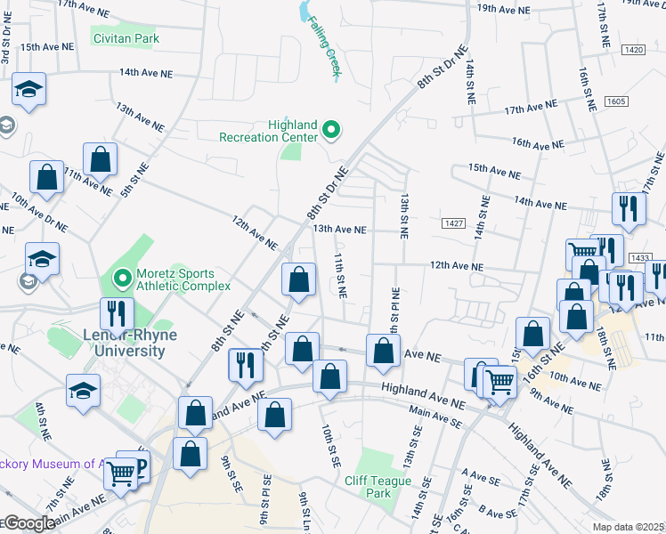 map of restaurants, bars, coffee shops, grocery stores, and more near 1137 11th Street Northeast in Hickory